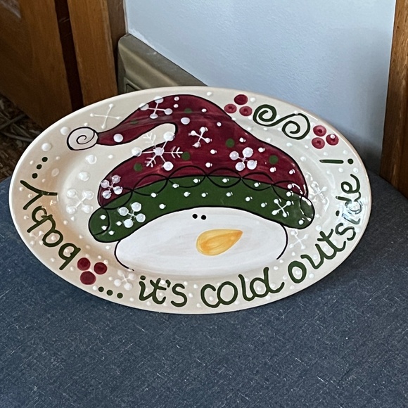 Expressly Yours Pottery 2004 Snowman oval platter 12 x 8 Baby Cold Outside Xmas - Picture 1 of 7